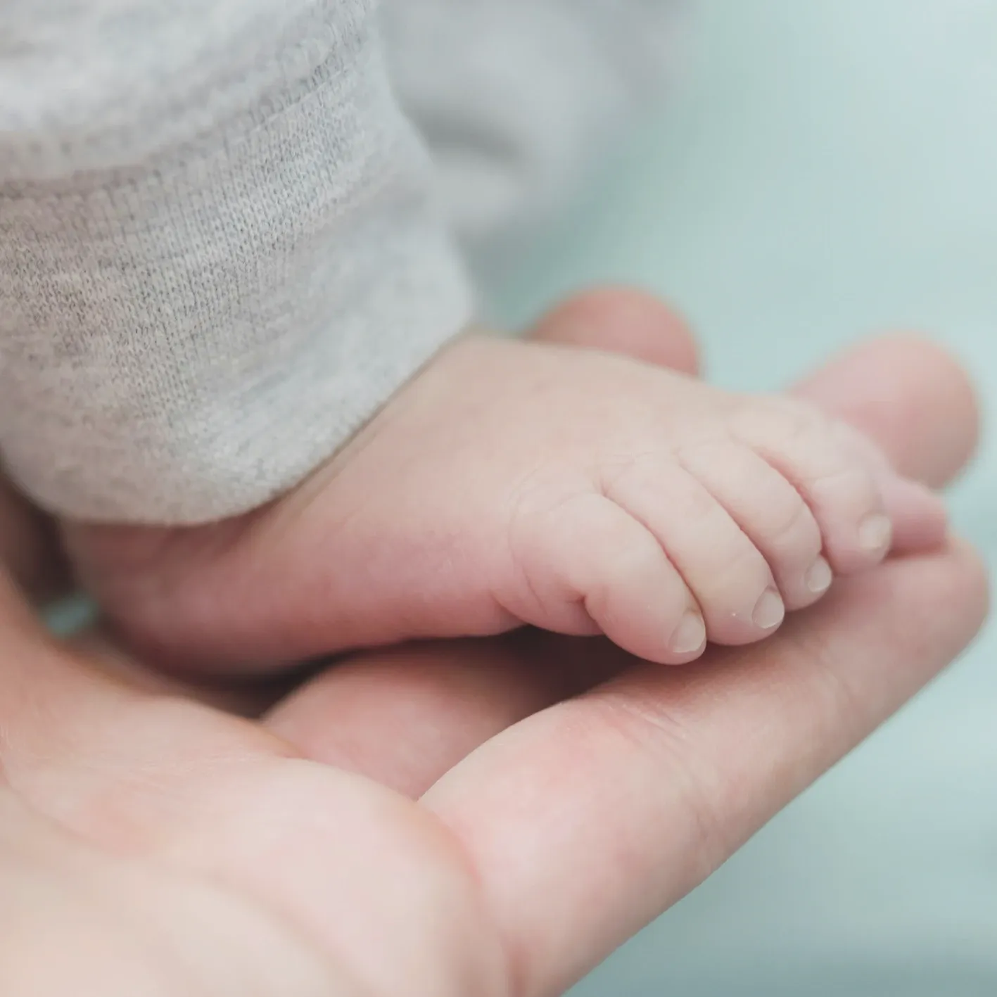 A newborn’s foot resting in an adult’s hand