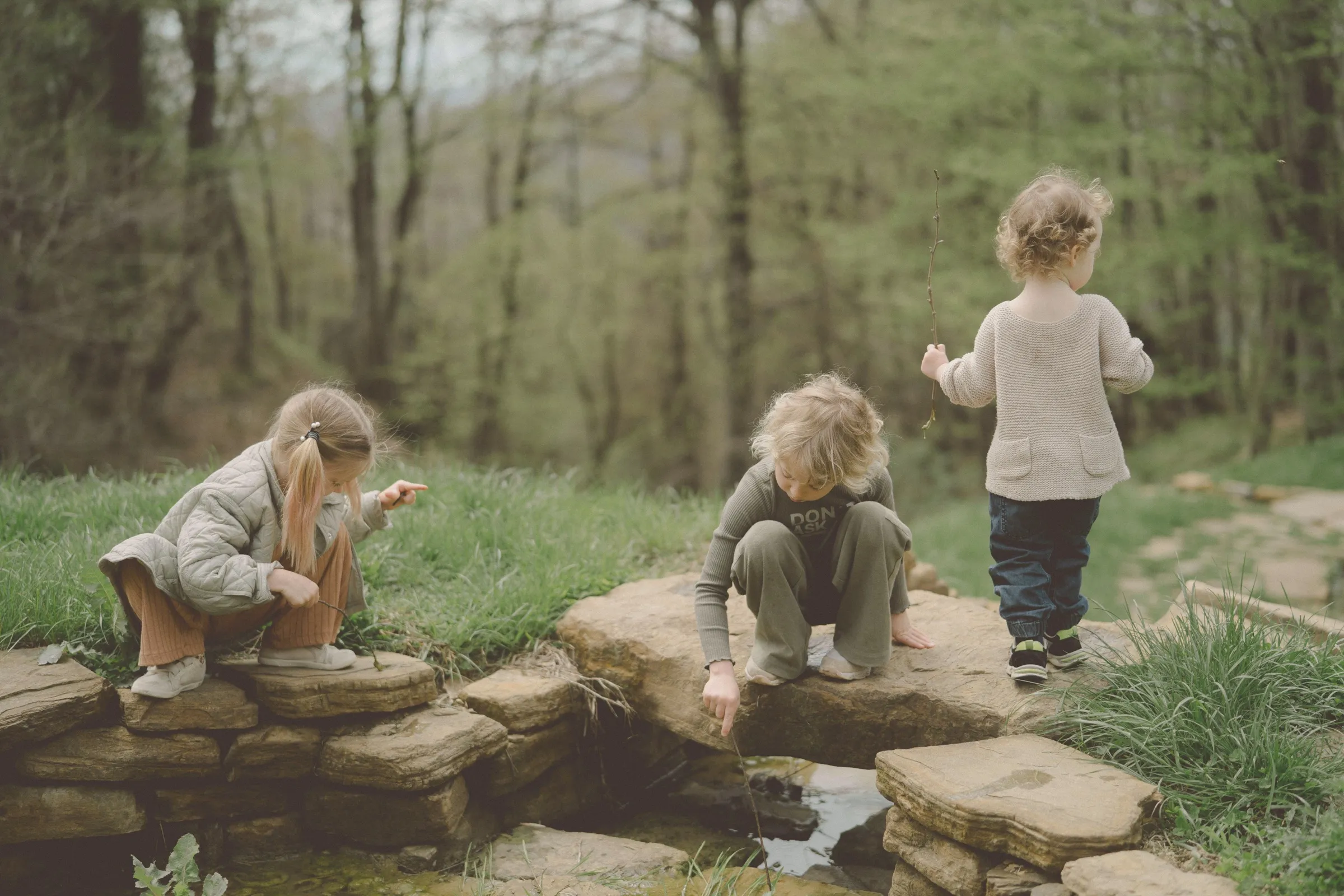 Three children playing by a stream in the woods